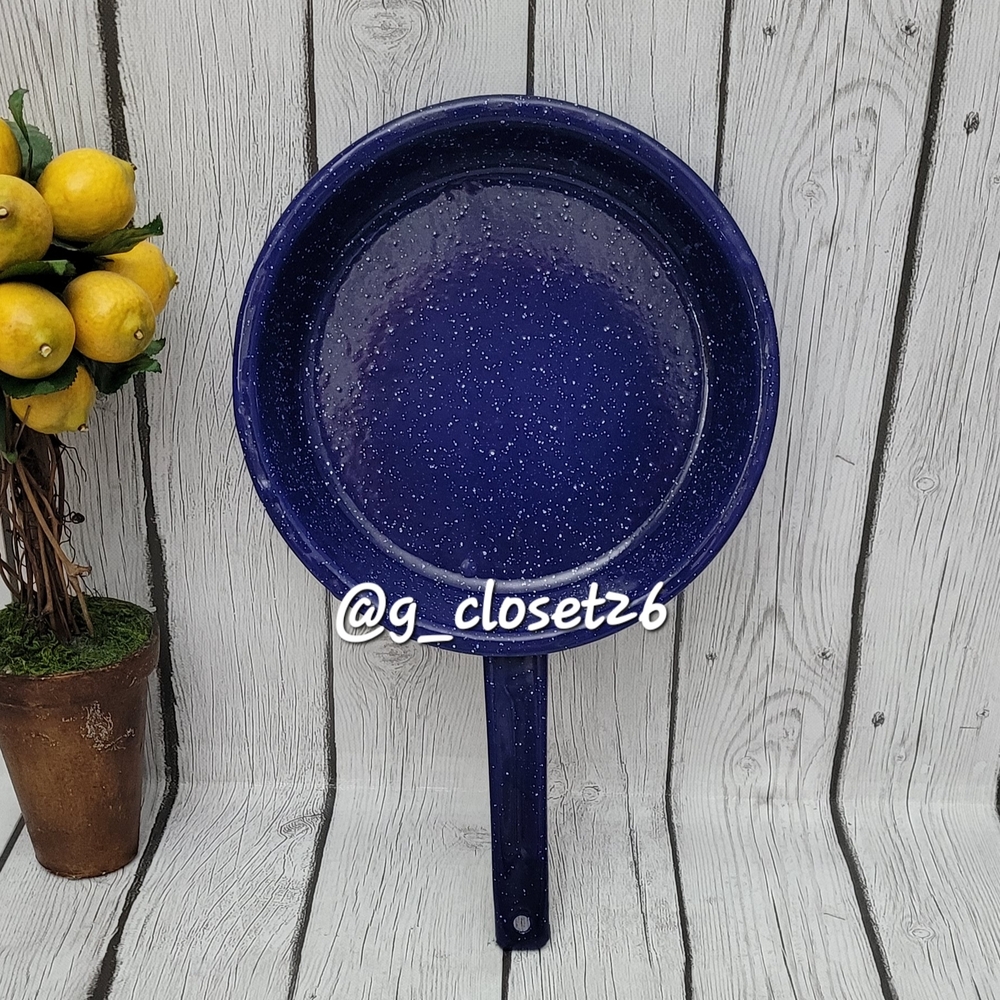 Vintage Blue Speckled Enamelware Frying Pan Farmhouse Skillet Kitchen Decor